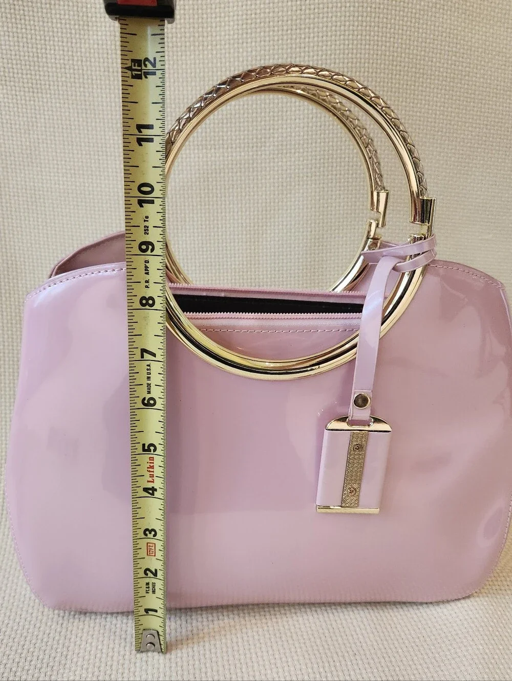 Pink Patent Leather Satchel Gold Ring Top Handle Crossbody Bag Structured Purse - Picture 12 of 16